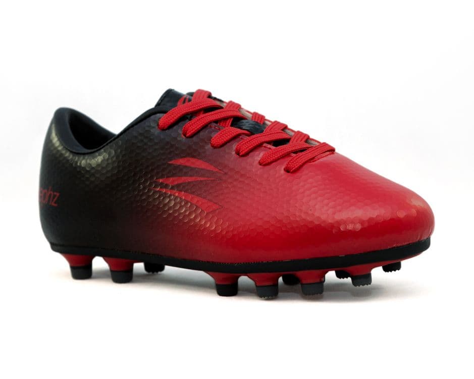 Zephz Wide Traxx soccer cleat in black and Space Cherry, side view